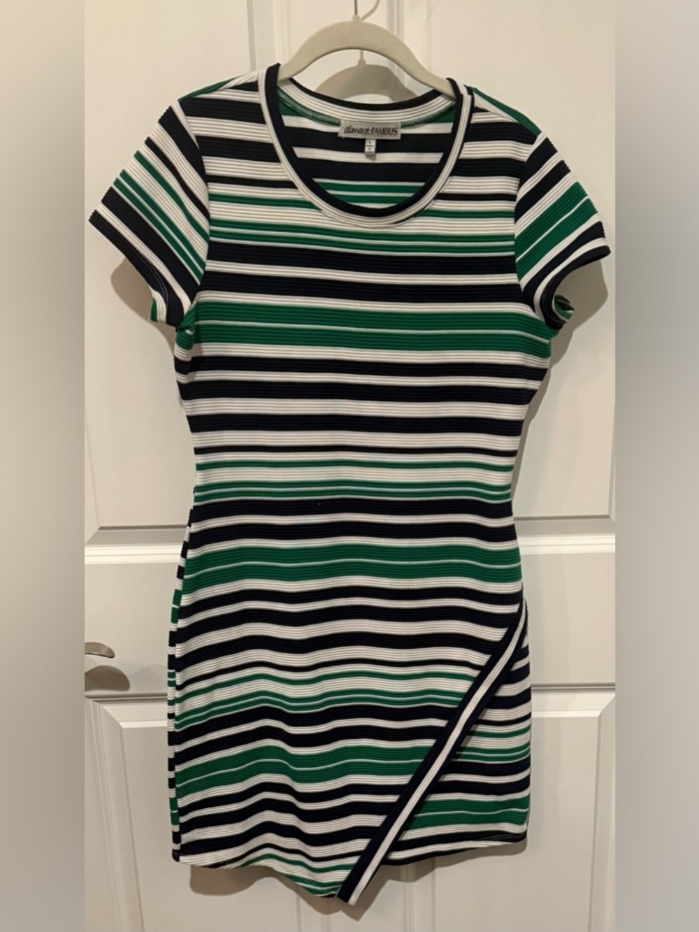 Almost Famous Green, Black, & White  Striped Ribbed Dress